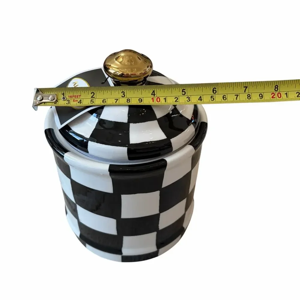 Almeria Checkered Ceramic Canister w/ Lid Black & White 8.5x6 NEW